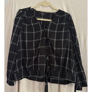 Madewell XXL Black Windowpane Plaid Wrap Blouse Long Sleeve Faux Tie Waist
